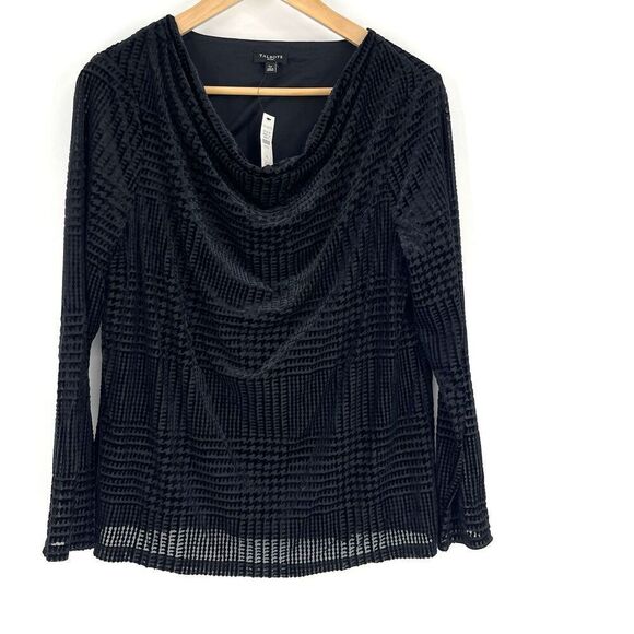 Talbots Top Size Large Petite Black Velvet Houndstooth Burnout Cowl Neck Elegant - Picture 1 of 7